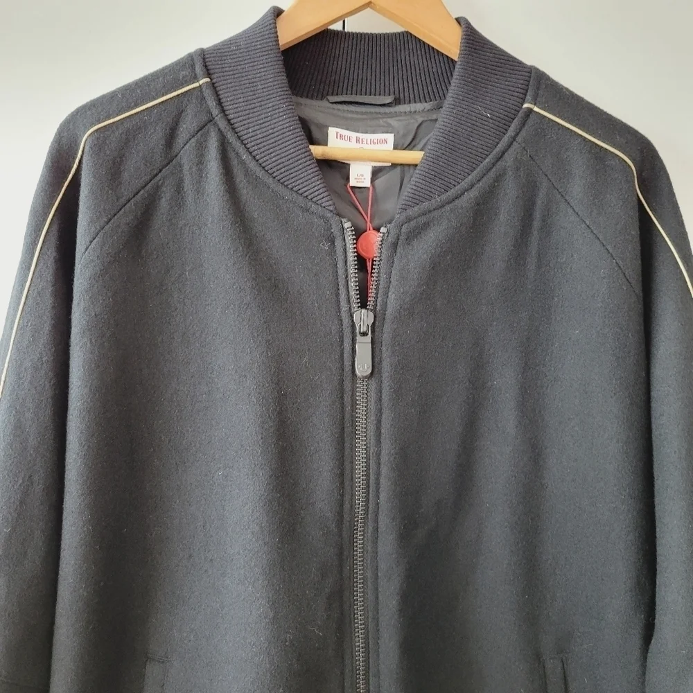 True Religion Black Wool Blend Varsity Jacket